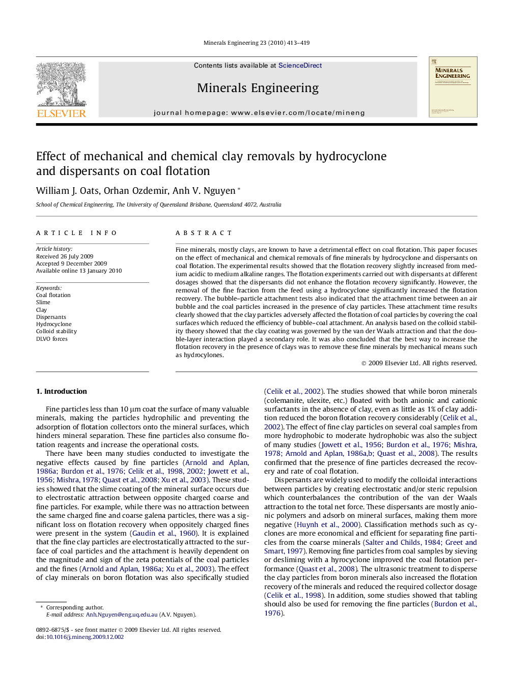 Effect of mechanical and chemical clay removals by hydrocyclone and dispersants on coal flotation