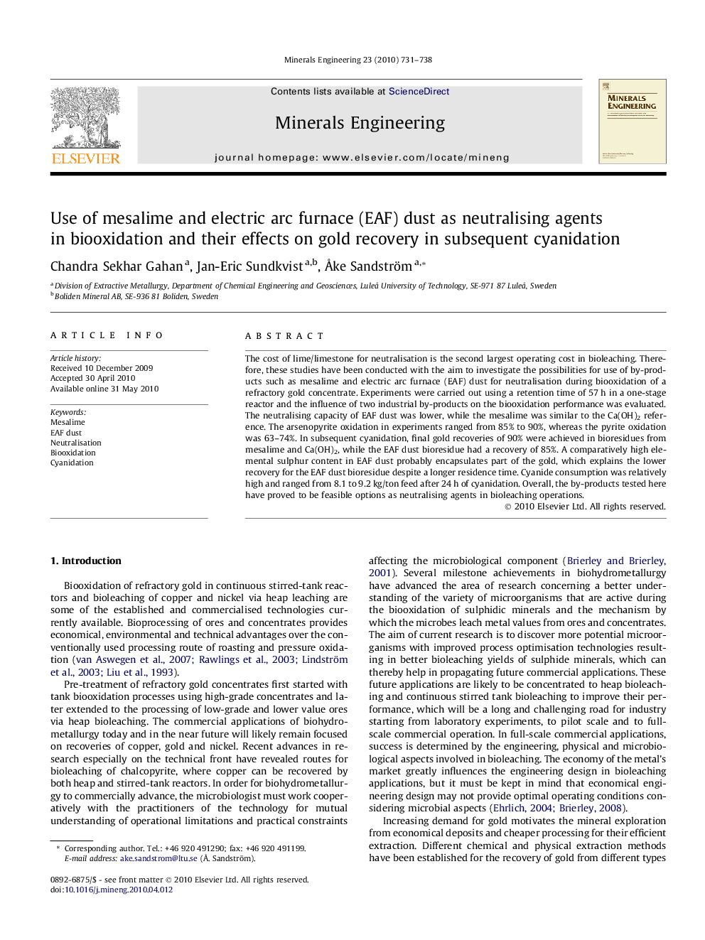 Use of mesalime and electric arc furnace (EAF) dust as neutralising agents in biooxidation and their effects on gold recovery in subsequent cyanidation