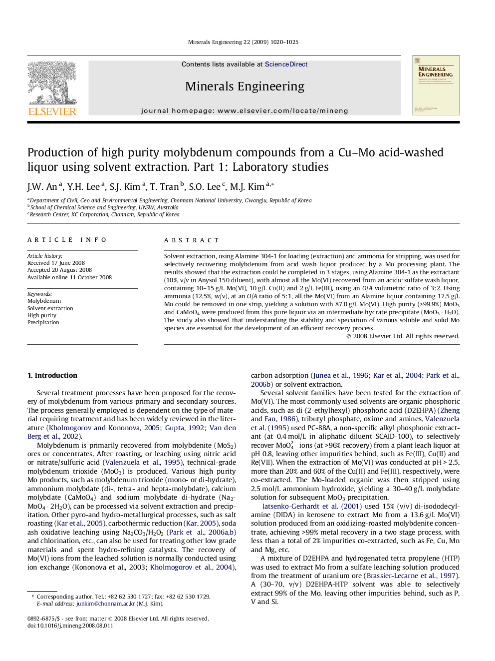 Production of high purity molybdenum compounds from a Cu–Mo acid-washed liquor using solvent extraction. Part 1: Laboratory studies