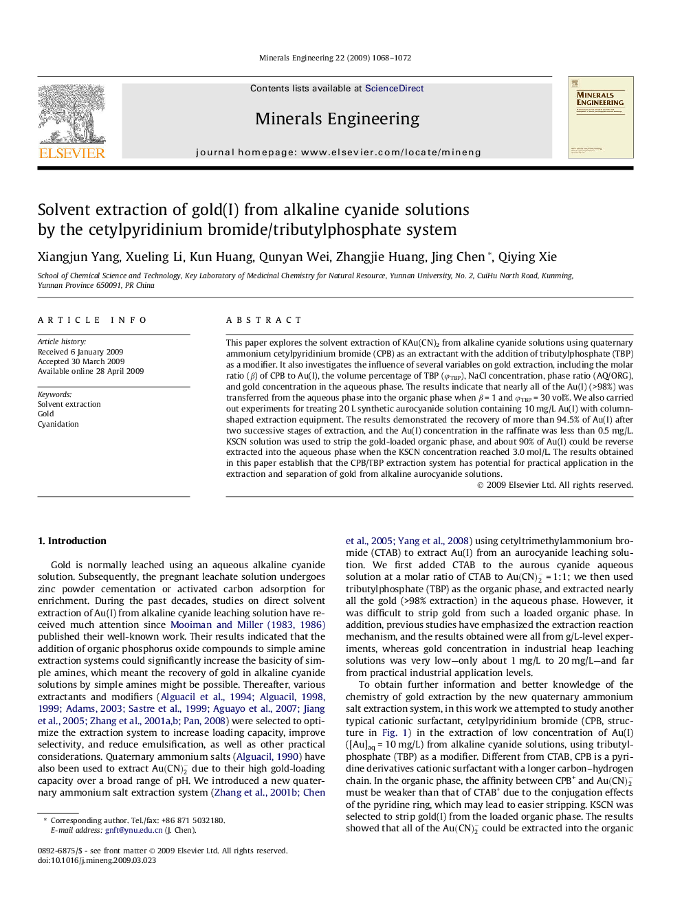 Solvent extraction of gold(I) from alkaline cyanide solutions by the cetylpyridinium bromide/tributylphosphate system