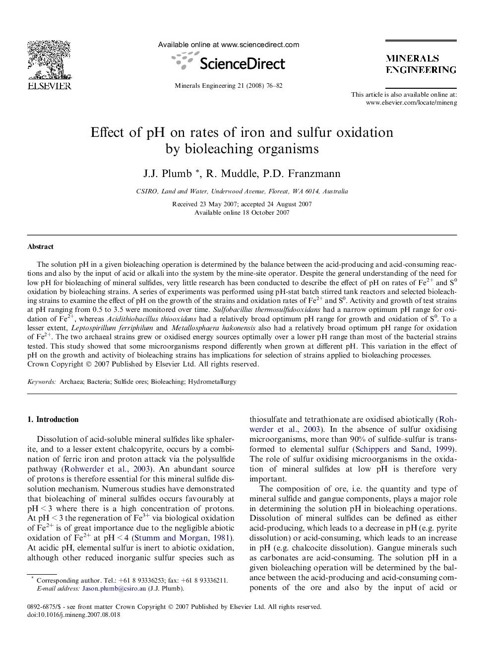 Effect of pH on rates of iron and sulfur oxidation by bioleaching organisms