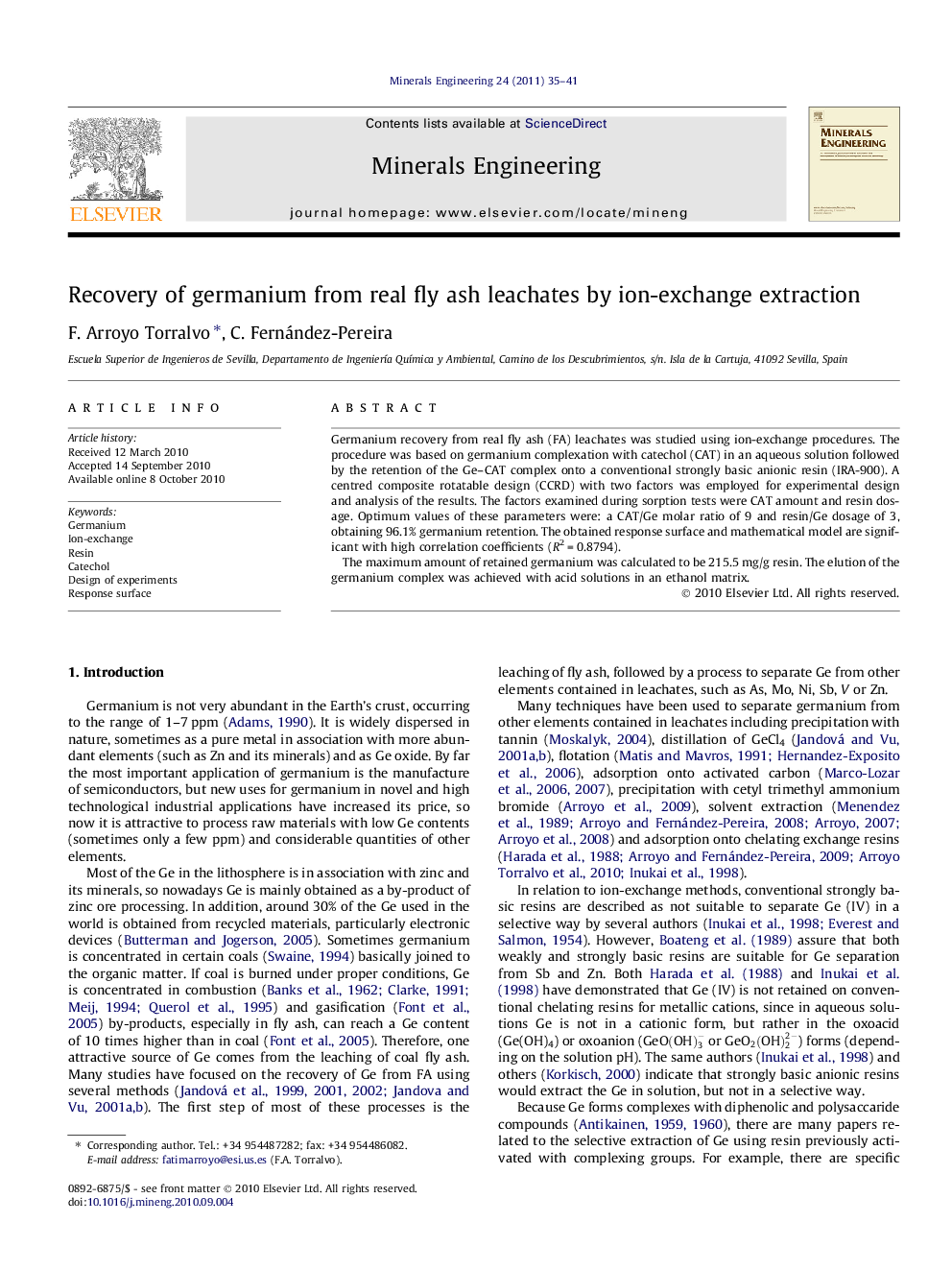 عکس صفحه اول مقاله: Recovery of germanium from real fly ash leachates by ion-exchange extraction Recovery of germanium from real fly ash leachates by ion-exchange extraction