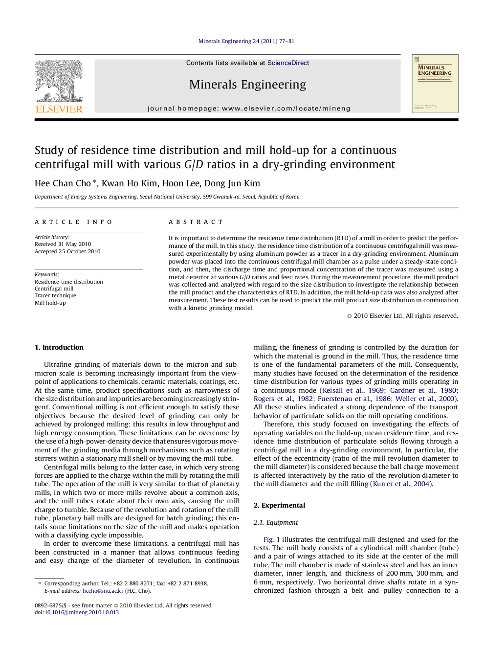 Study of residence time distribution and mill hold-up for a continuous centrifugal mill with various G/D ratios in a dry-grinding environment