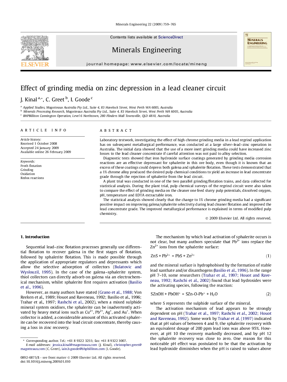 Effect of grinding media on zinc depression in a lead cleaner circuit