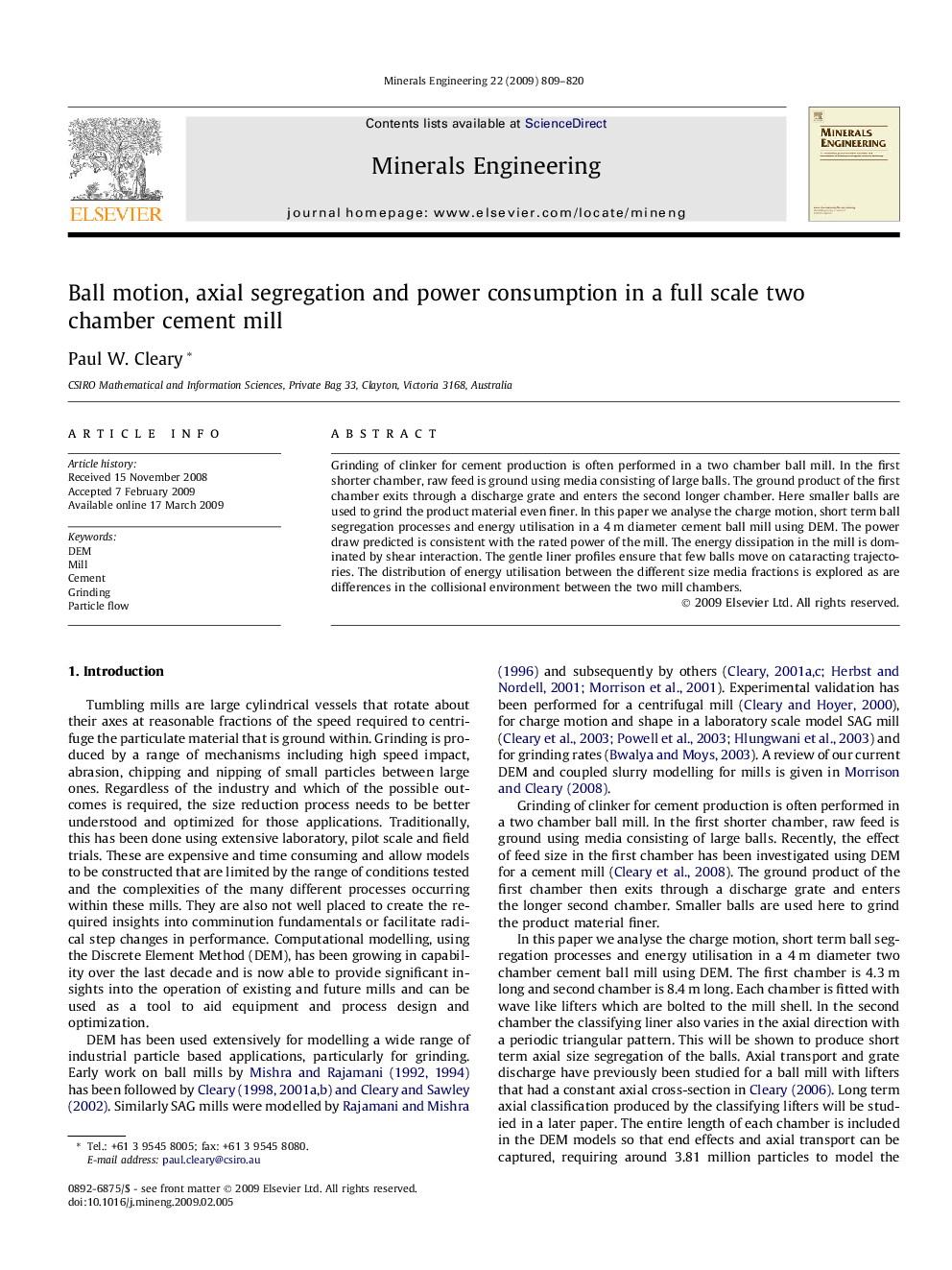 Ball motion, axial segregation and power consumption in a full scale two chamber cement mill