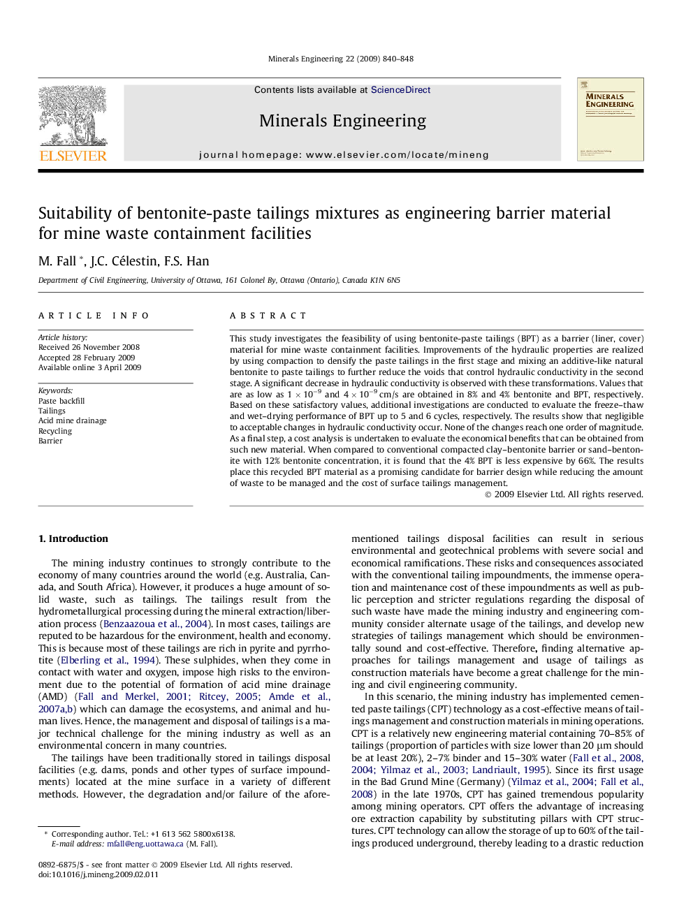 Suitability of bentonite-paste tailings mixtures as engineering barrier material for mine waste containment facilities