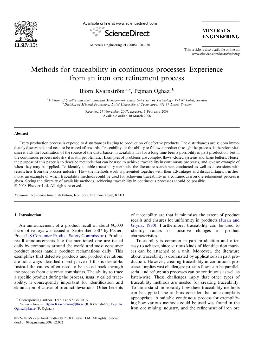 Methods for traceability in continuous processes–Experience from an iron ore refinement process