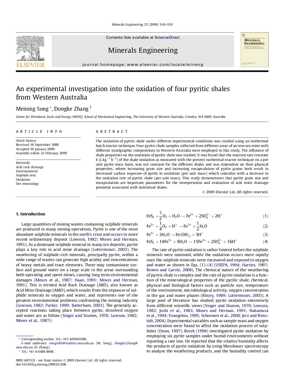 An experimental investigation into the oxidation of four pyritic shales from Western Australia