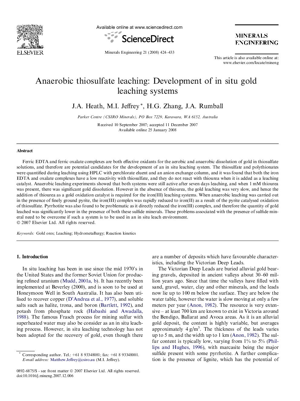 Anaerobic thiosulfate leaching: Development of in situ gold leaching systems