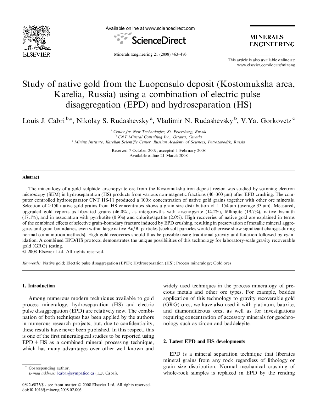 Study of native gold from the Luopensulo deposit (Kostomuksha area, Karelia, Russia) using a combination of electric pulse disaggregation (EPD) and hydroseparation (HS)