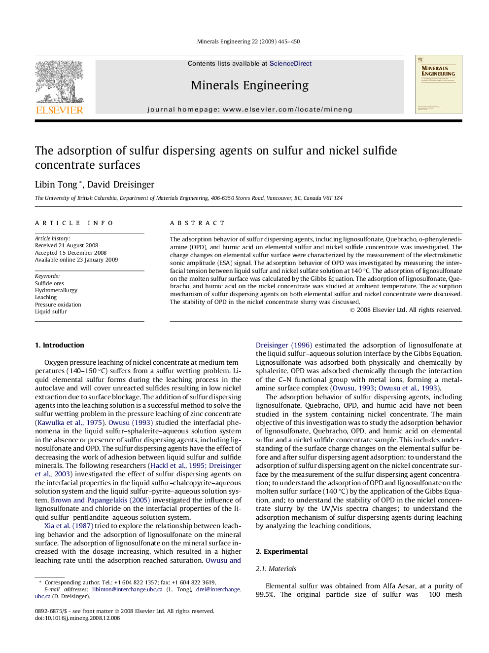 The adsorption of sulfur dispersing agents on sulfur and nickel sulfide concentrate surfaces