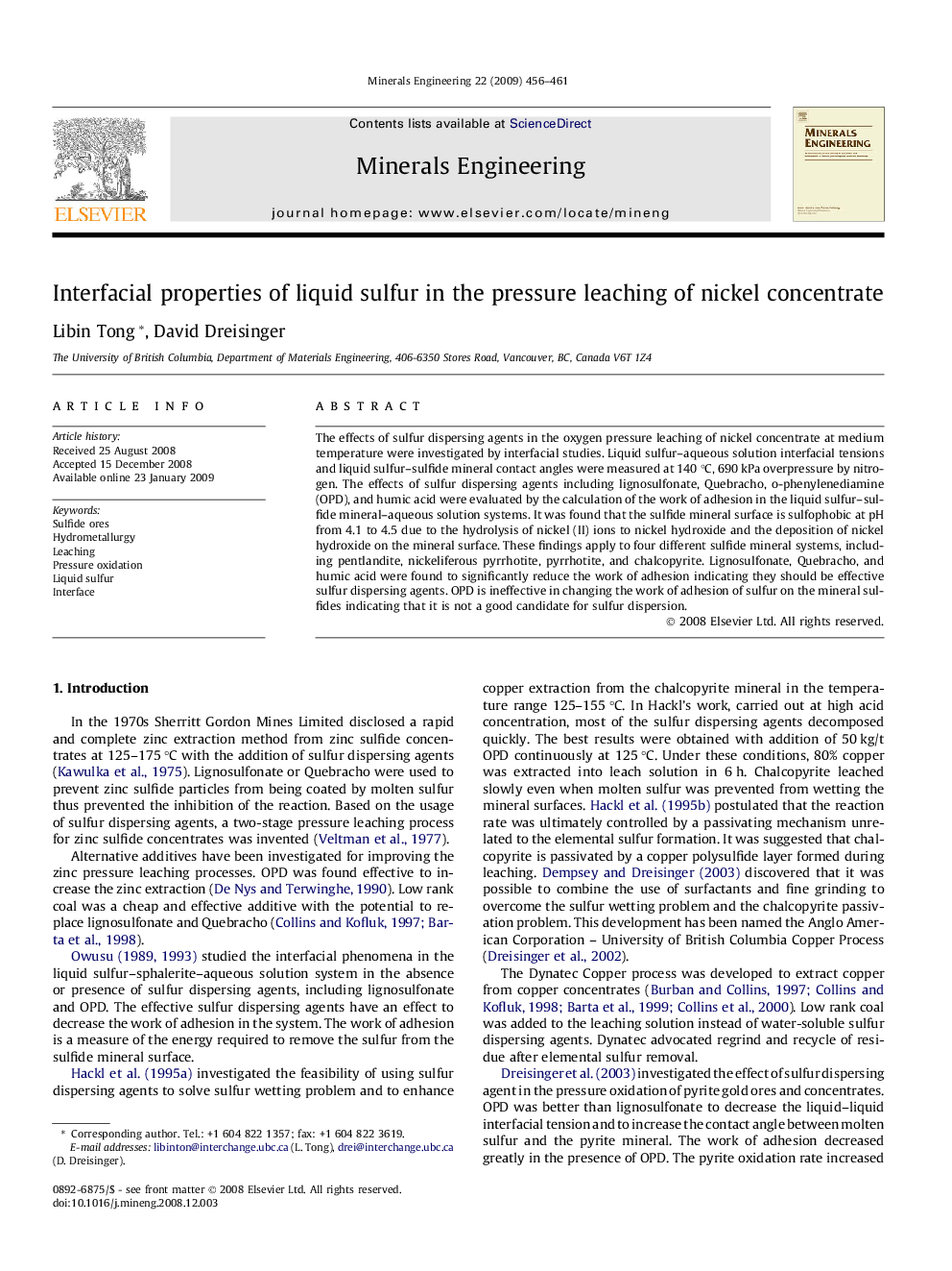 Interfacial properties of liquid sulfur in the pressure leaching of nickel concentrate