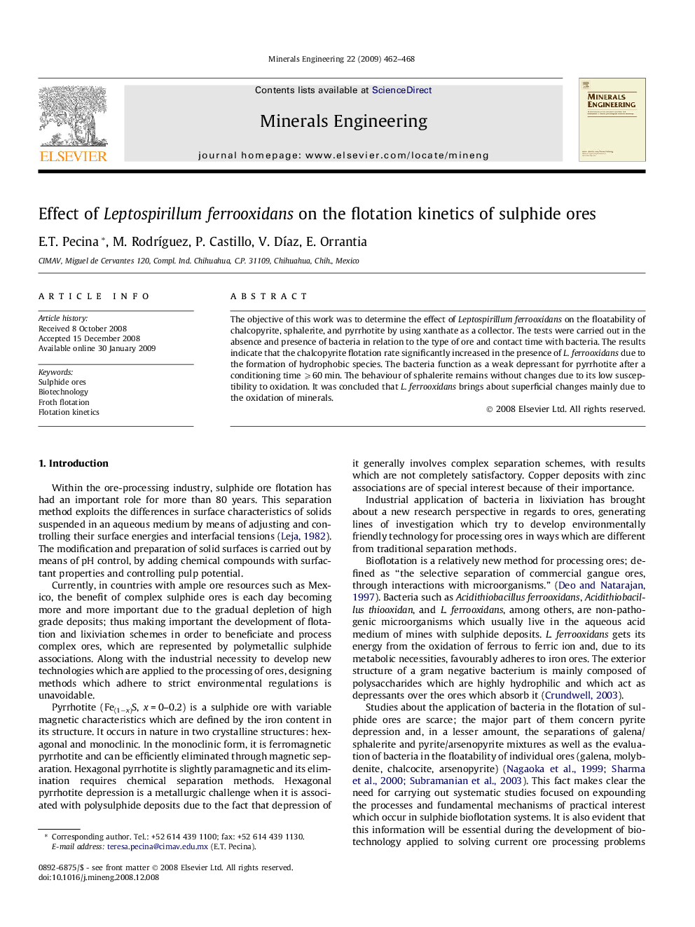 Effect of Leptospirillum ferrooxidans on the flotation kinetics of sulphide ores