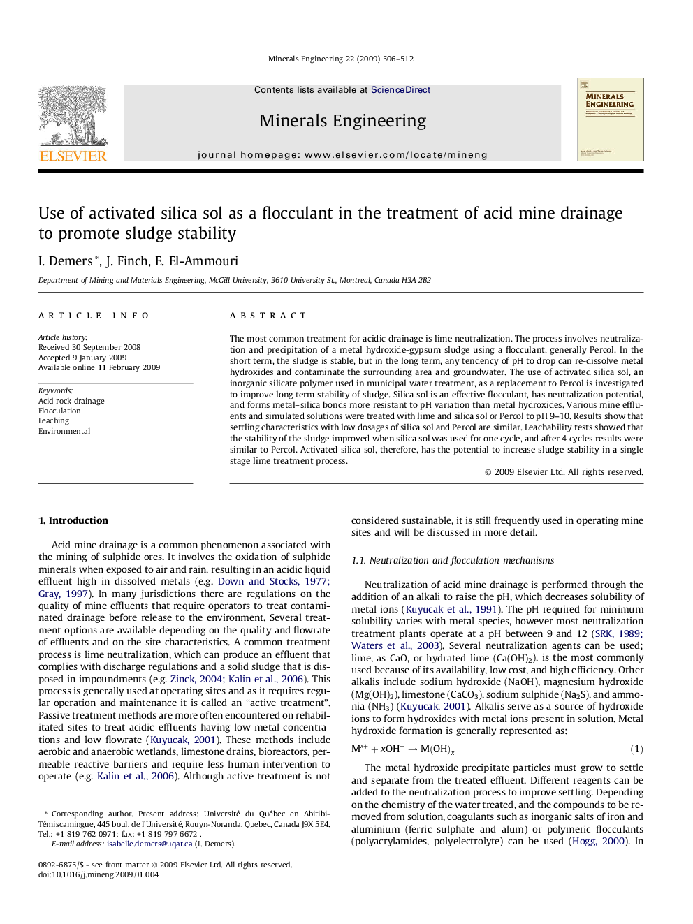 Use of activated silica sol as a flocculant in the treatment of acid mine drainage to promote sludge stability