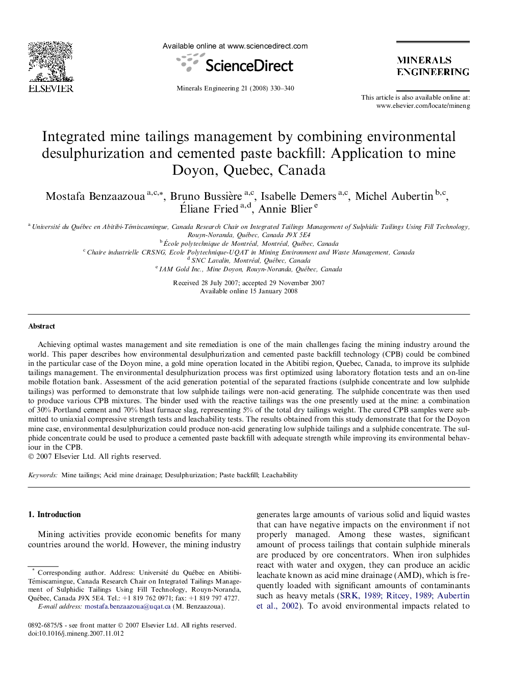 Integrated mine tailings management by combining environmental desulphurization and cemented paste backfill: Application to mine Doyon, Quebec, Canada