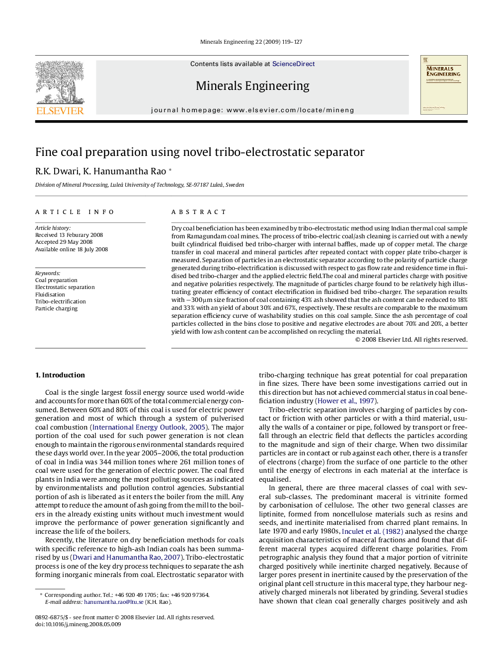 Fine coal preparation using novel tribo-electrostatic separator