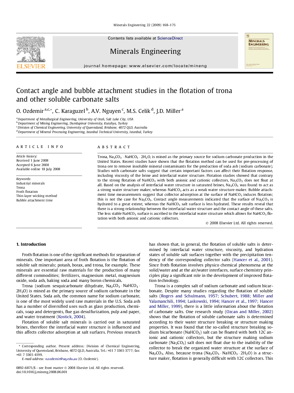 Contact angle and bubble attachment studies in the flotation of trona and other soluble carbonate salts