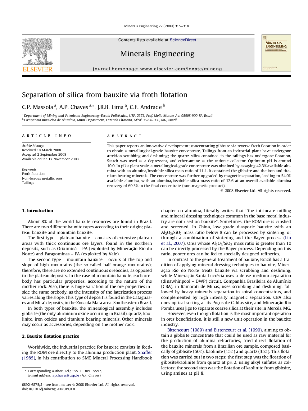 Separation of silica from bauxite via froth flotation