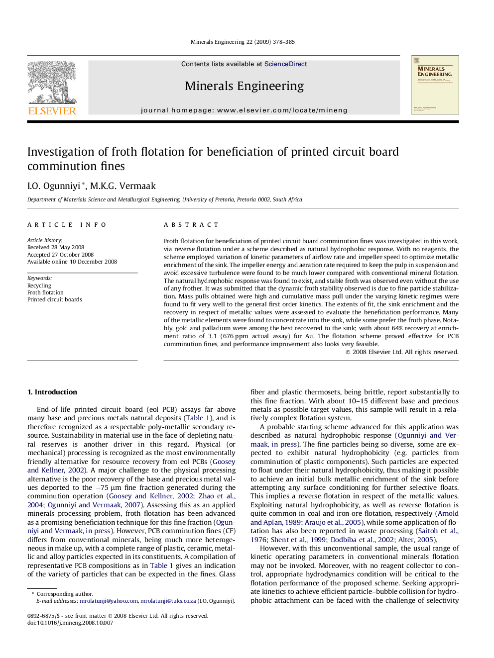 Investigation of froth flotation for beneficiation of printed circuit board comminution fines