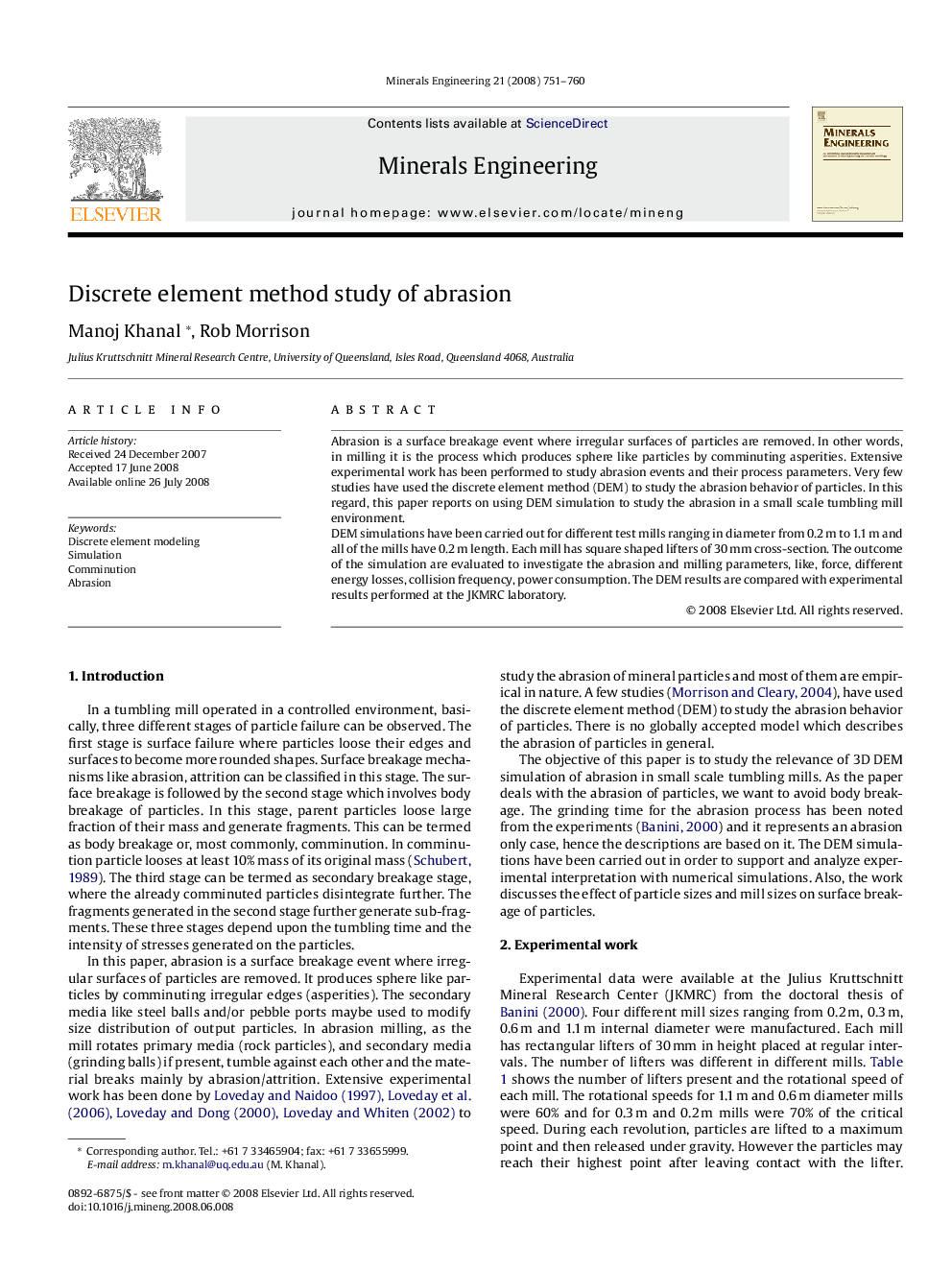 عکس صفحه اول مقاله: Discrete element method study of abrasion Discrete element method study of abrasion