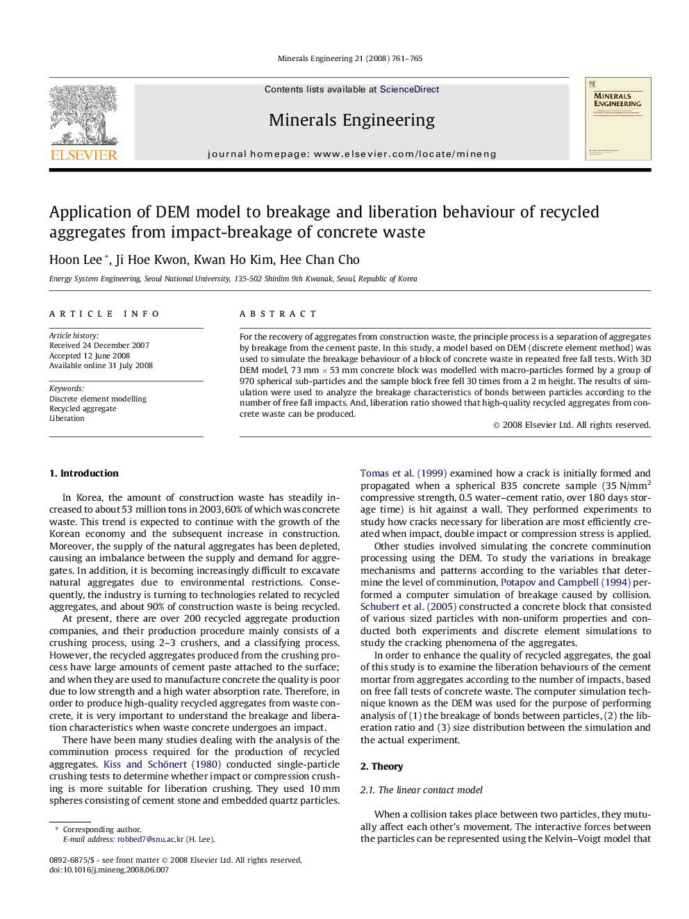 Application of DEM model to breakage and liberation behaviour of recycled aggregates from impact-breakage of concrete waste