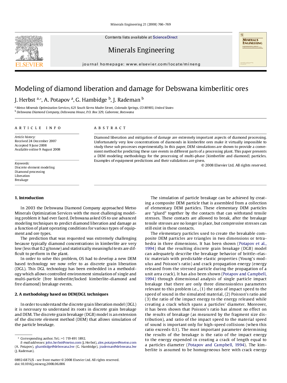 عکس صفحه اول مقاله: Modeling of diamond liberation and damage for Debswana kimberlitic ores Modeling of diamond liberation and damage for Debswana kimberlitic ores