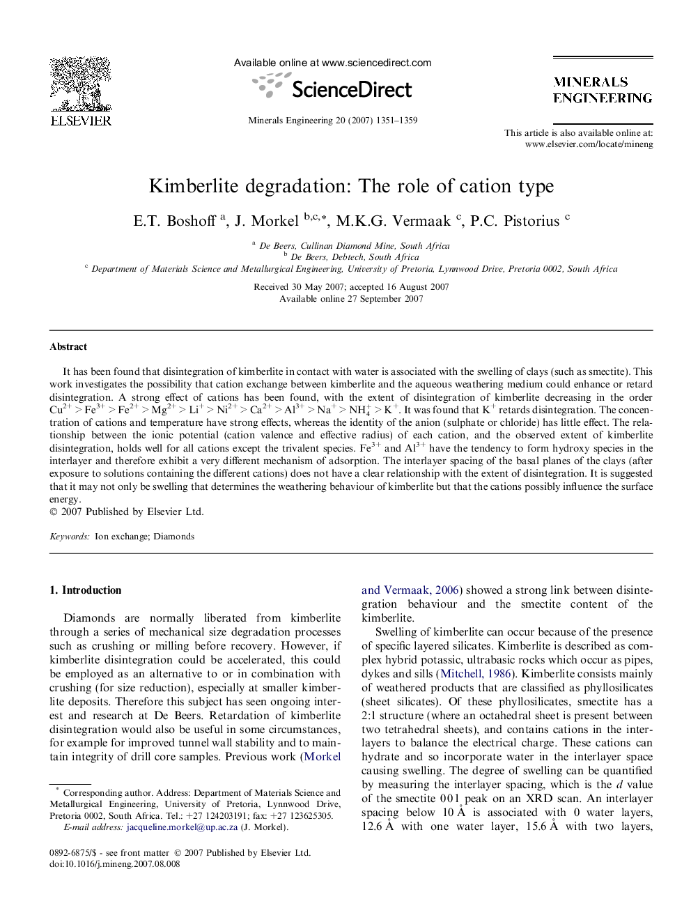 Kimberlite degradation: The role of cation type