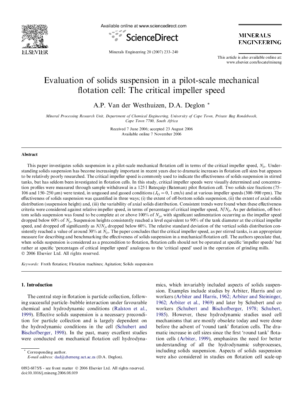 Evaluation of solids suspension in a pilot-scale mechanical flotation cell: The critical impeller speed