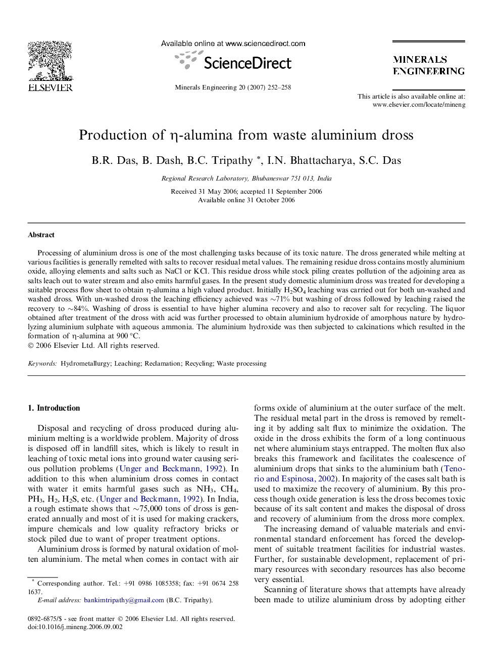 Production of η-alumina from waste aluminium dross