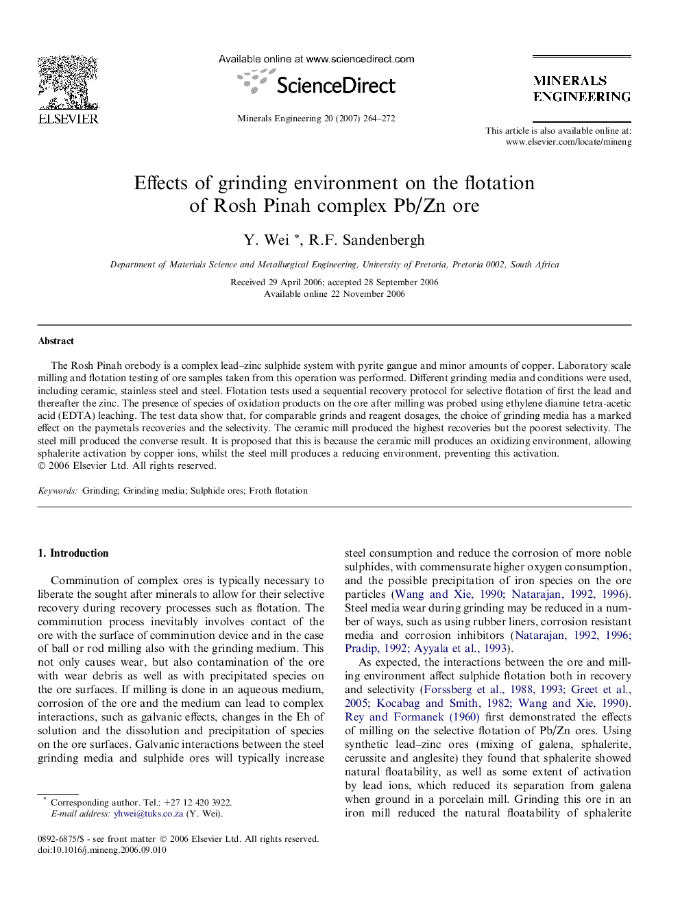 Effects of grinding environment on the flotation of Rosh Pinah complex Pb/Zn ore