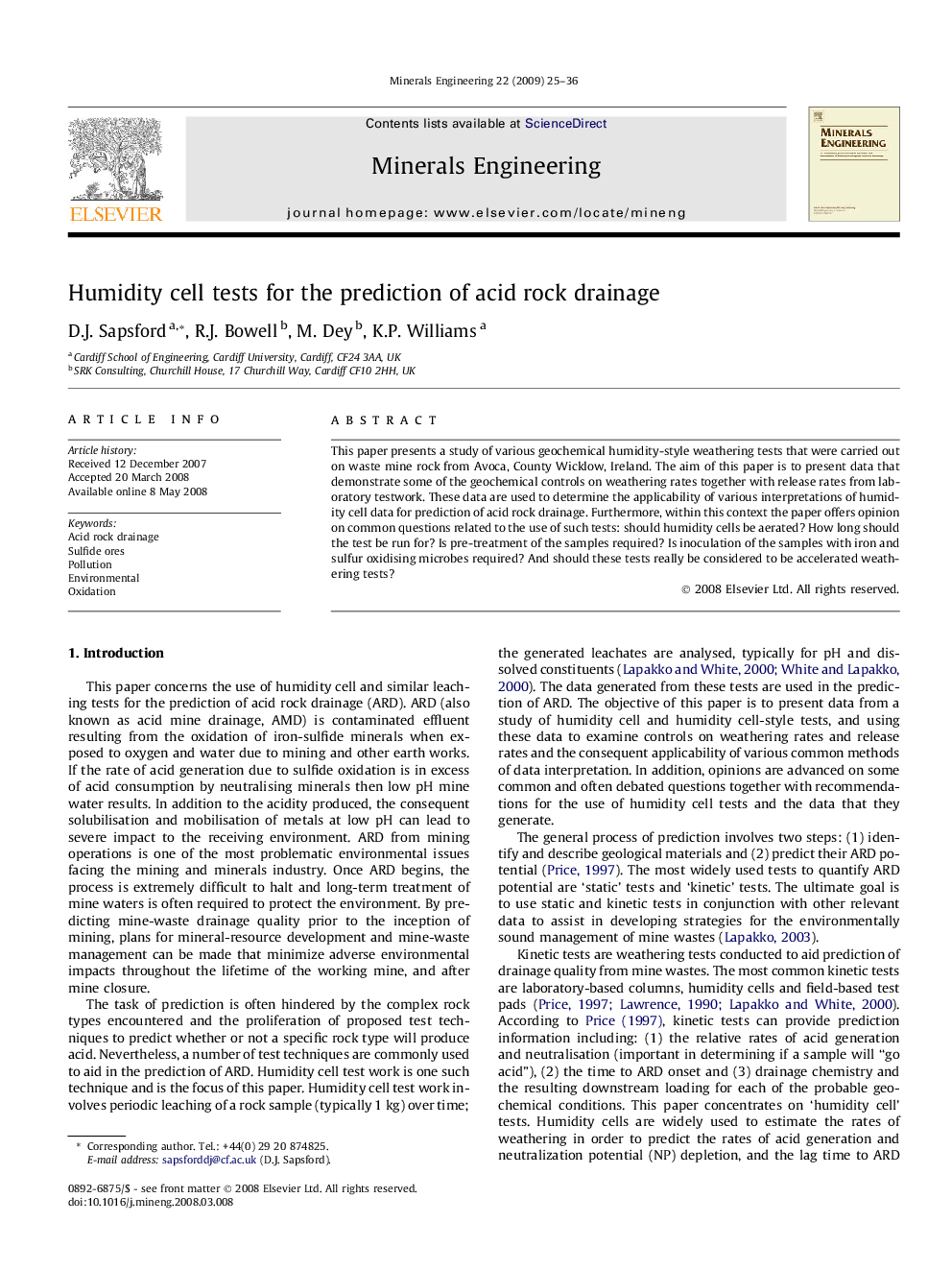 Humidity cell tests for the prediction of acid rock drainage