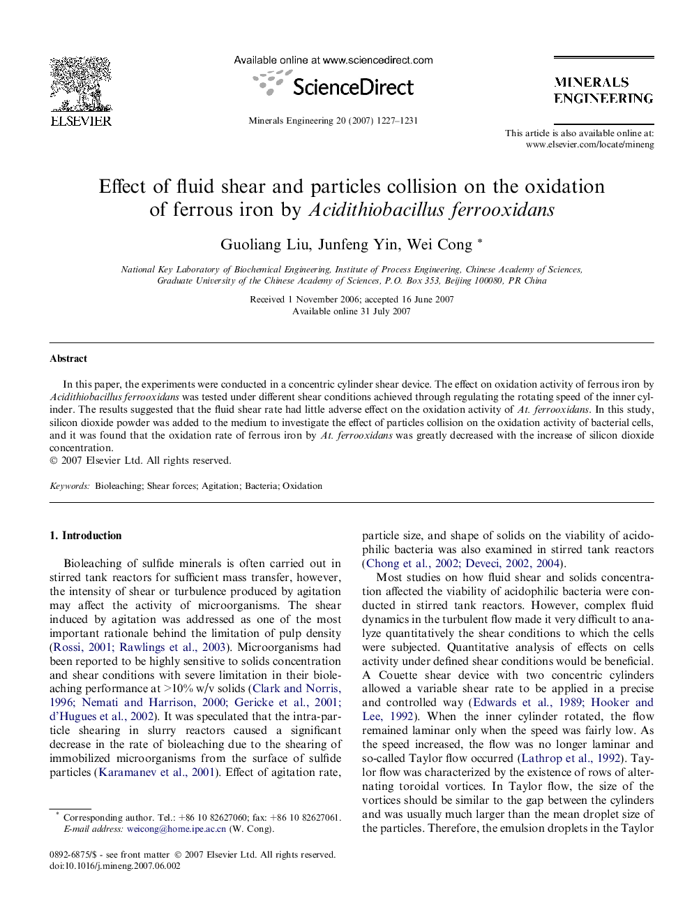 Effect of fluid shear and particles collision on the oxidation of ferrous iron by Acidithiobacillus ferrooxidans