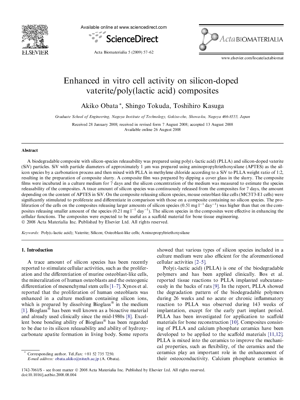عکس صفحه اول مقاله: Enhanced in vitro cell activity on silicon-doped vaterite/poly(lactic acid) composites Enhanced in vitro cell activity on silicon-doped vaterite/poly(lactic acid) composites
