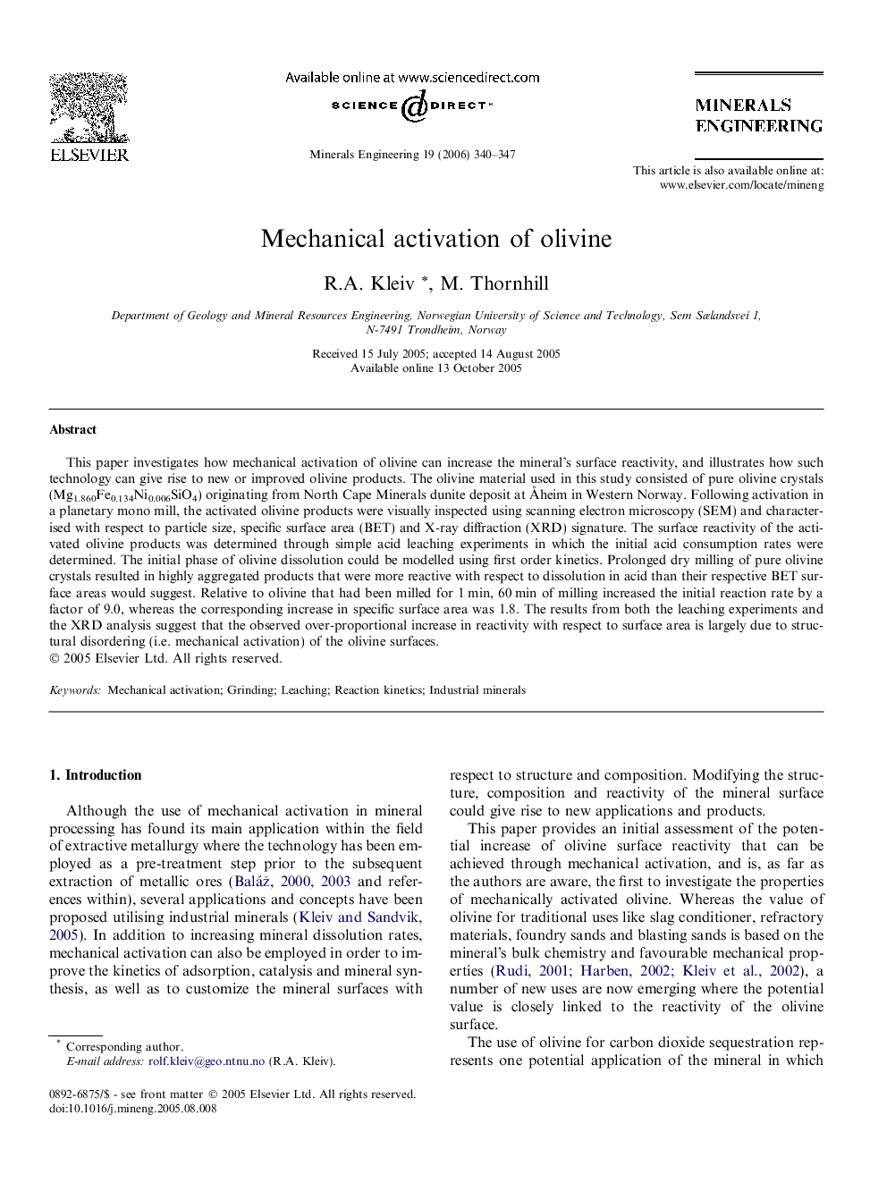 Mechanical activation of olivine