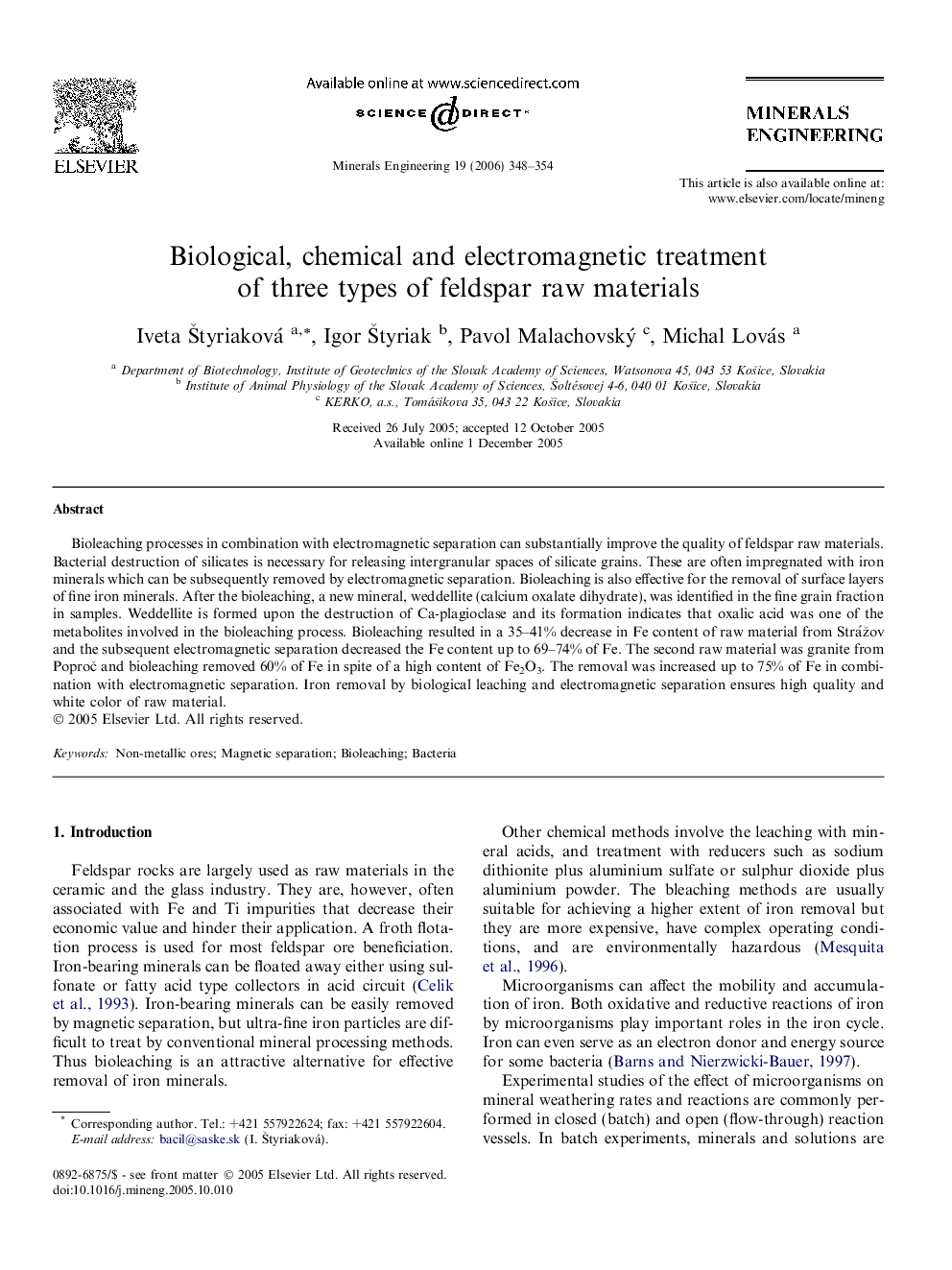 Biological, chemical and electromagnetic treatment of three types of feldspar raw materials