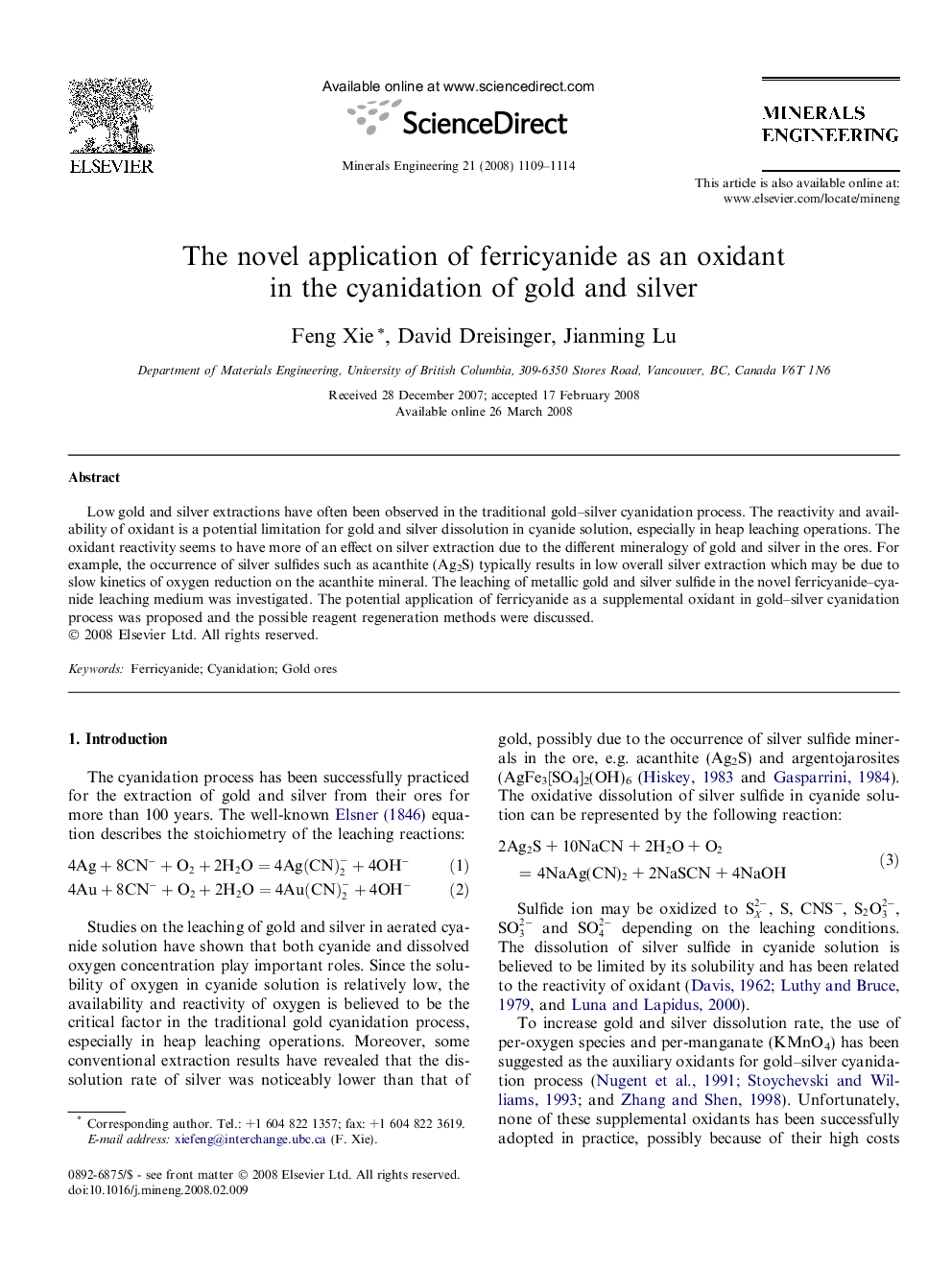 The novel application of ferricyanide as an oxidant in the cyanidation of gold and silver