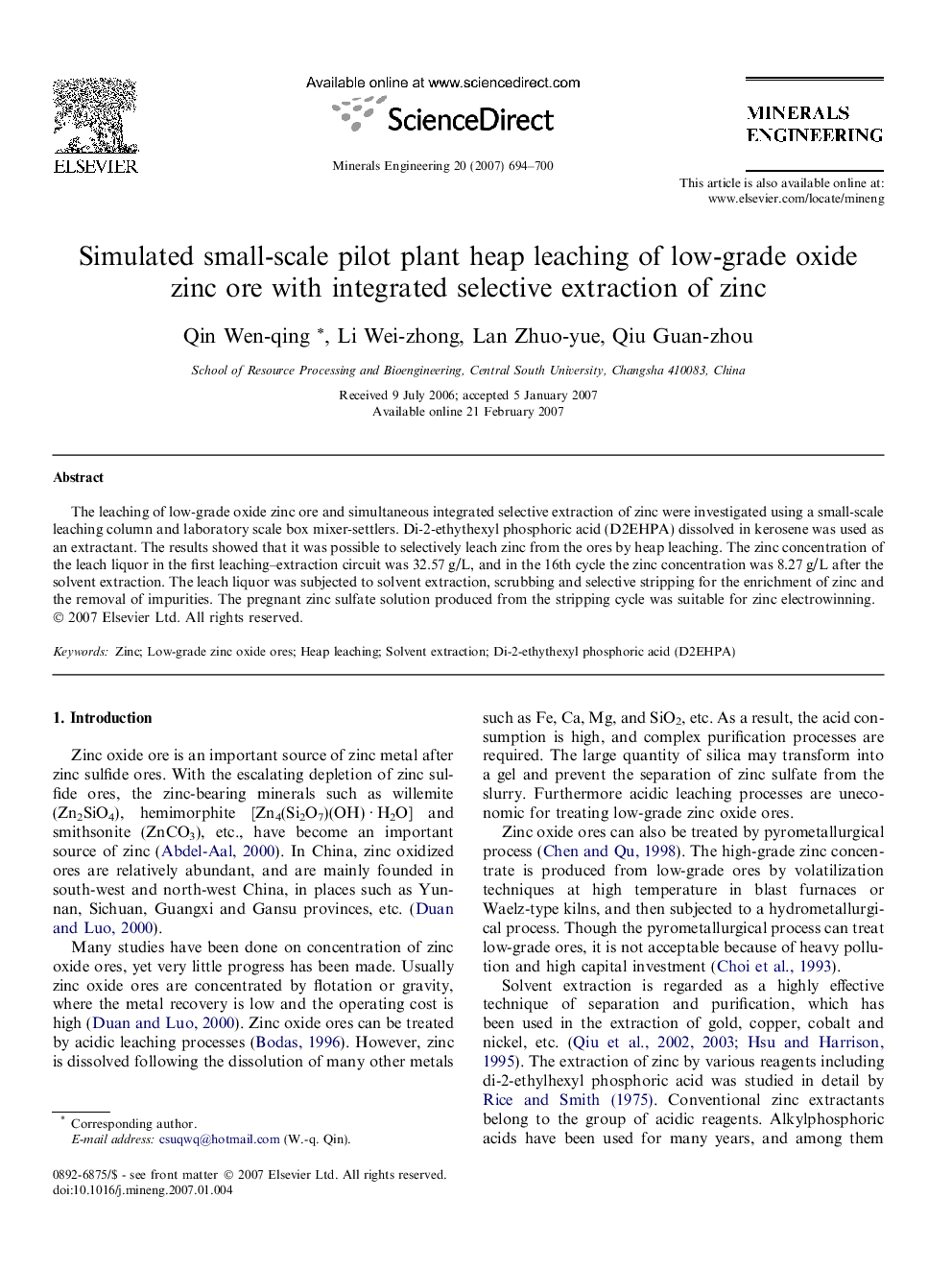 Simulated small-scale pilot plant heap leaching of low-grade oxide zinc ore with integrated selective extraction of zinc