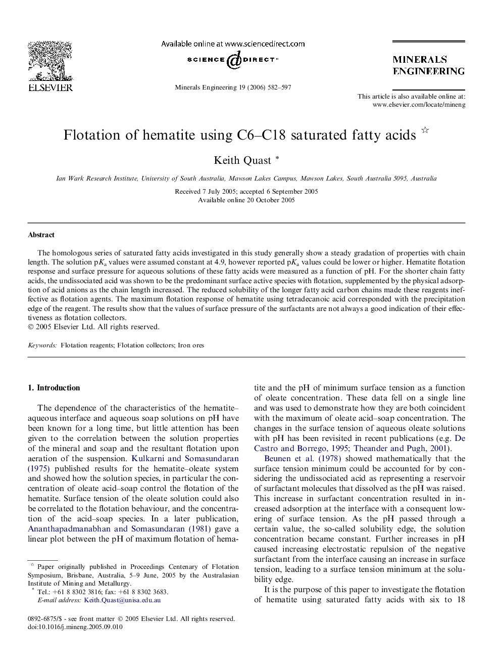 Flotation of hematite using C6–C18 saturated fatty acids 