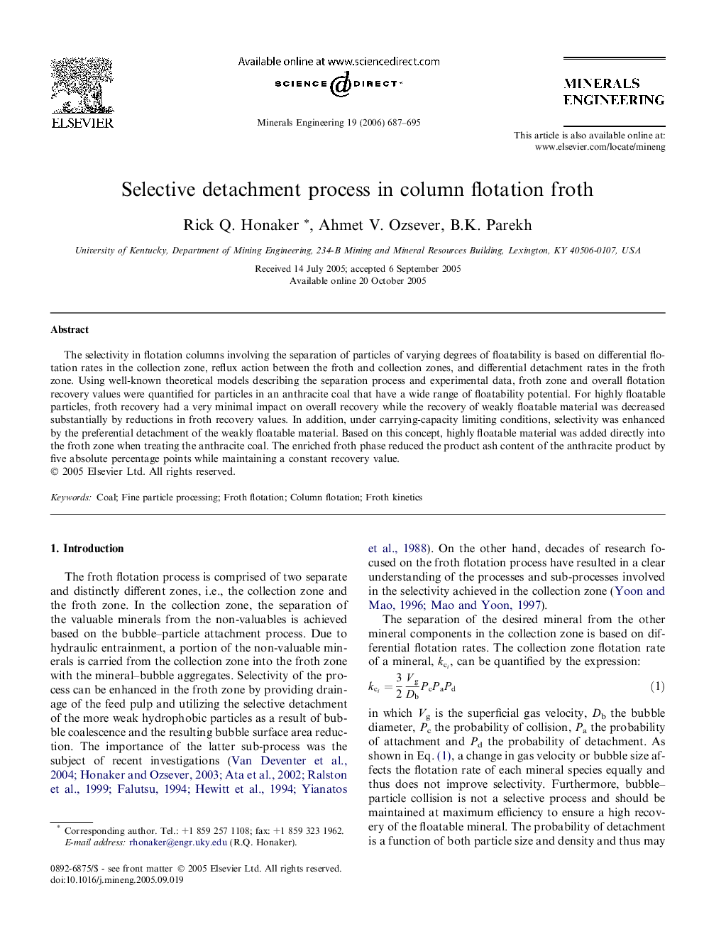 Selective detachment process in column flotation froth