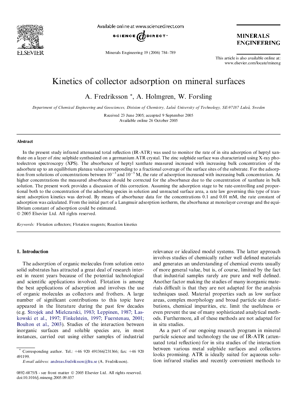 Kinetics of collector adsorption on mineral surfaces