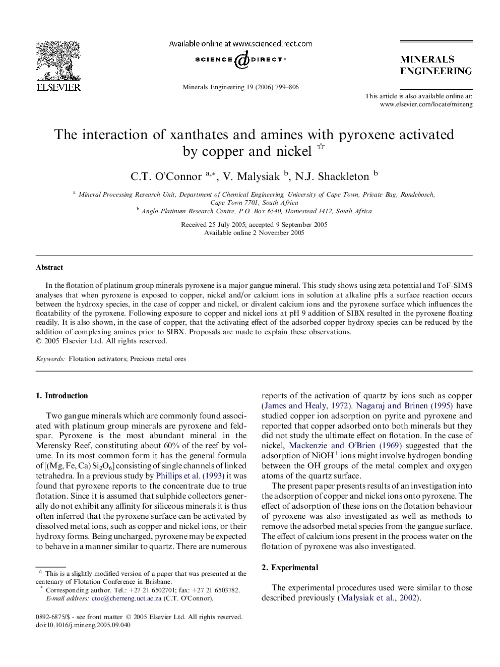 The interaction of xanthates and amines with pyroxene activated by copper and nickel 