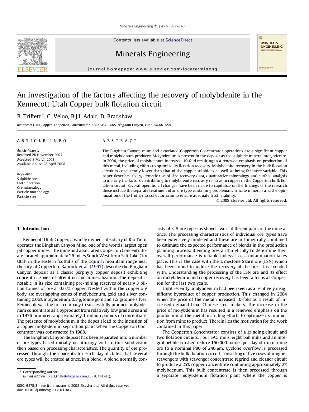 An investigation of the factors affecting the recovery of molybdenite in the Kennecott Utah Copper bulk flotation circuit