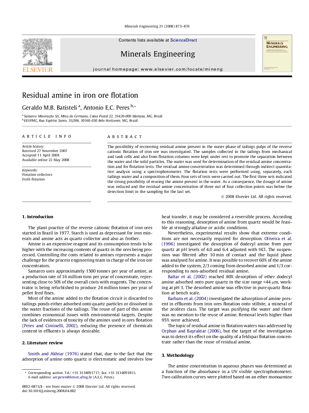 Residual amine in iron ore flotation