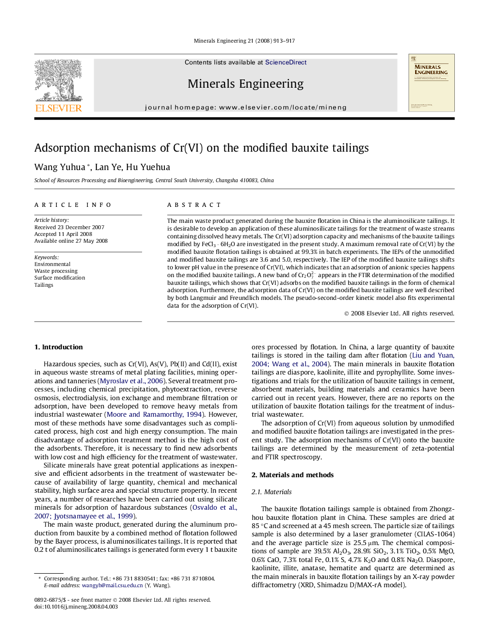 Adsorption mechanisms of Cr(VI) on the modified bauxite tailings