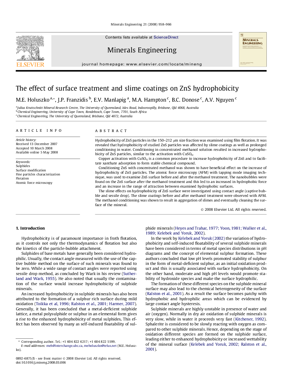 The effect of surface treatment and slime coatings on ZnS hydrophobicity