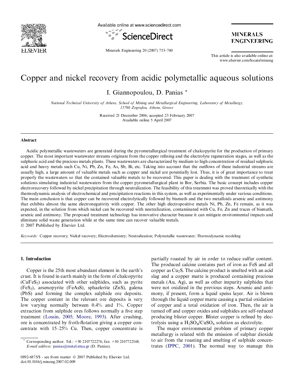 Copper and nickel recovery from acidic polymetallic aqueous solutions