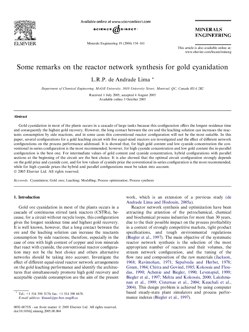 Some remarks on the reactor network synthesis for gold cyanidation