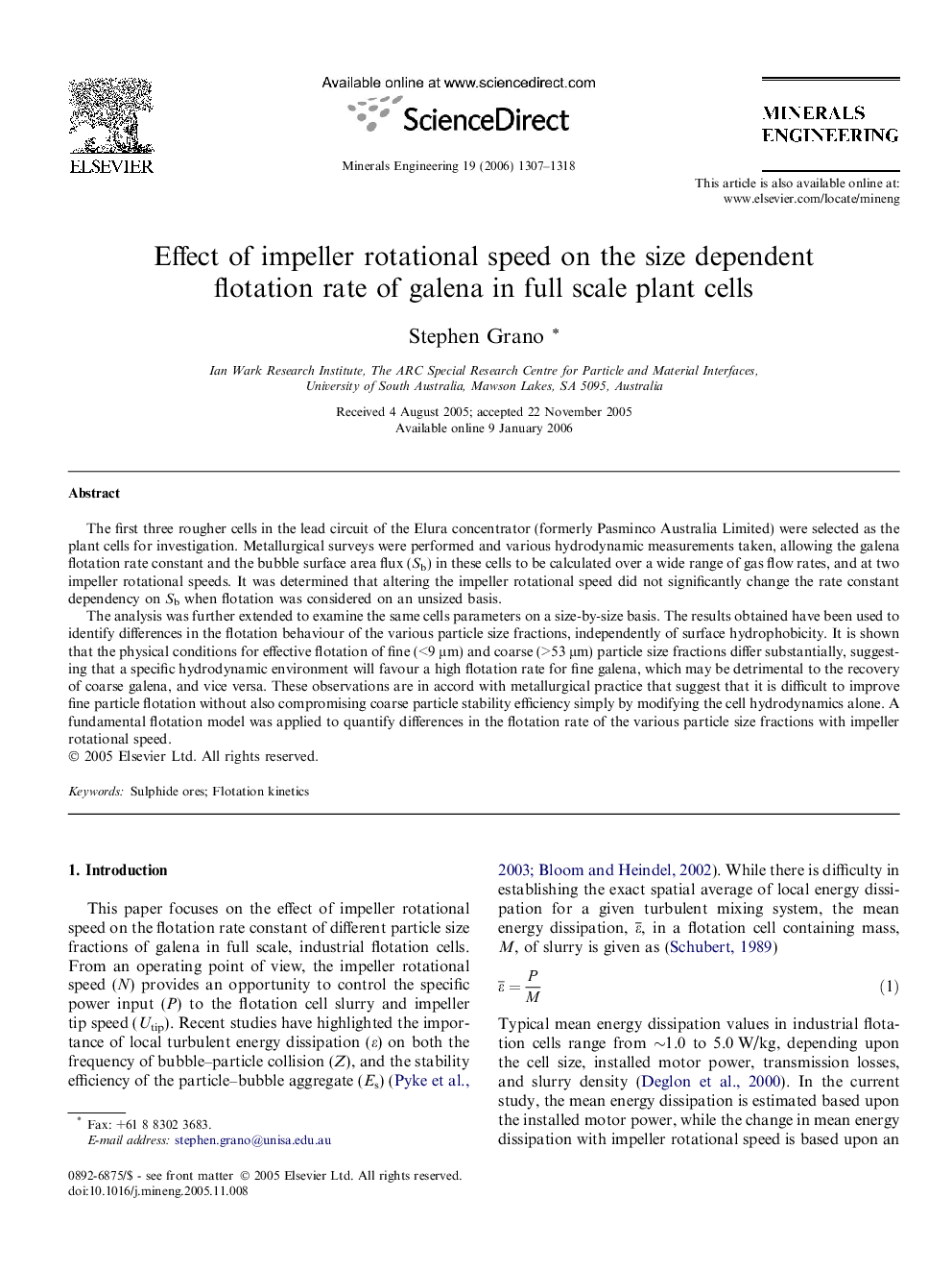 Effect of impeller rotational speed on the size dependent flotation rate of galena in full scale plant cells