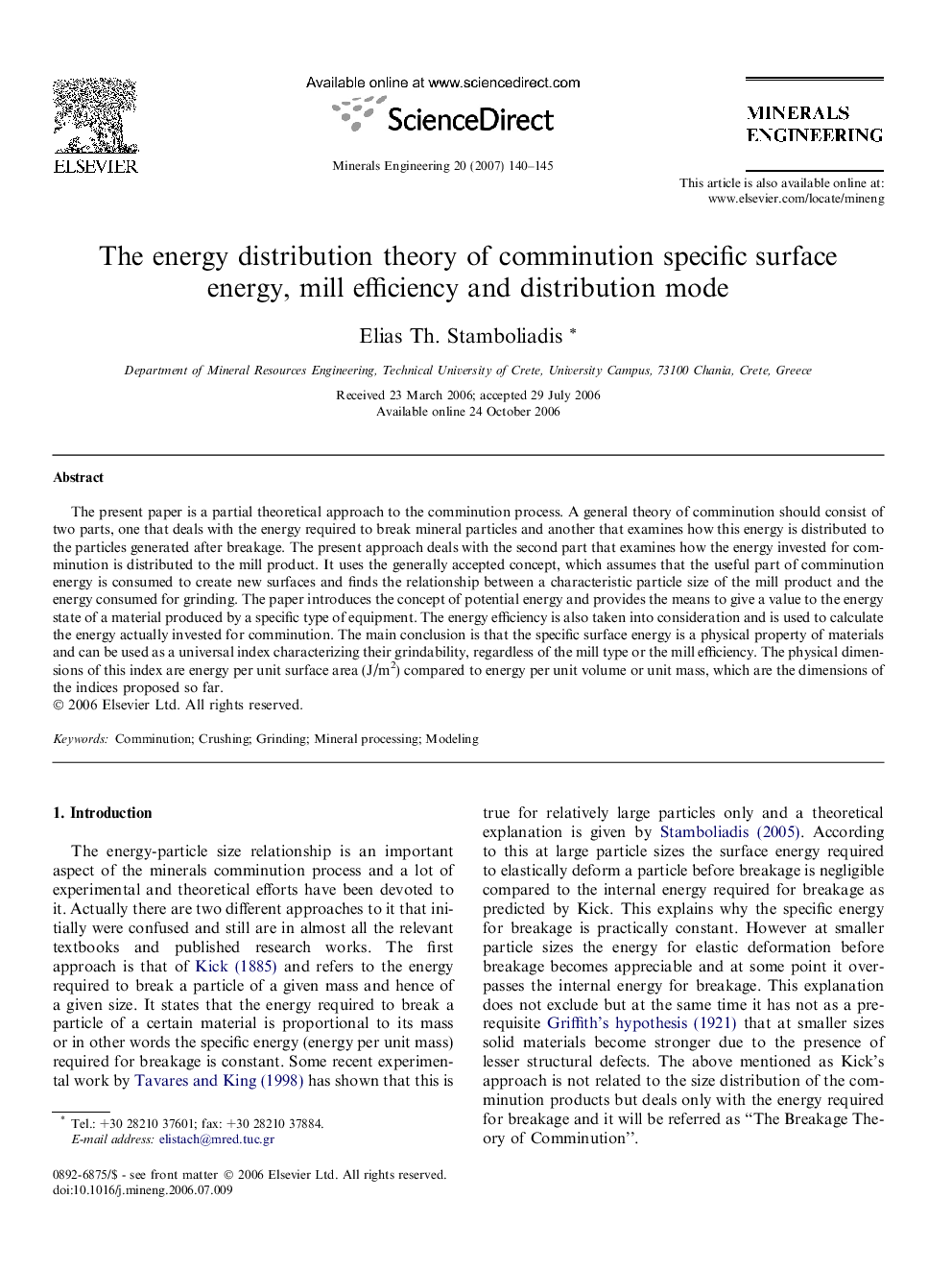 The energy distribution theory of comminution specific surface energy, mill efficiency and distribution mode