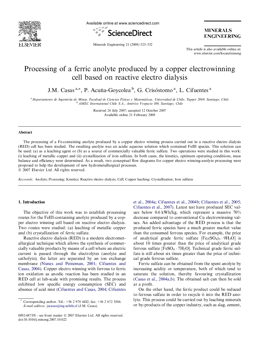 Processing of a ferric anolyte produced by a copper electrowinning cell based on reactive electro dialysis